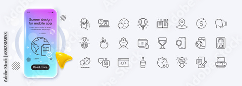 Health app, Wine glass and Dollar exchange line icons for web app. Phone mockup gradient screen. Pack of Scotch bottle, Brain working, Face id pictogram icons. Vector