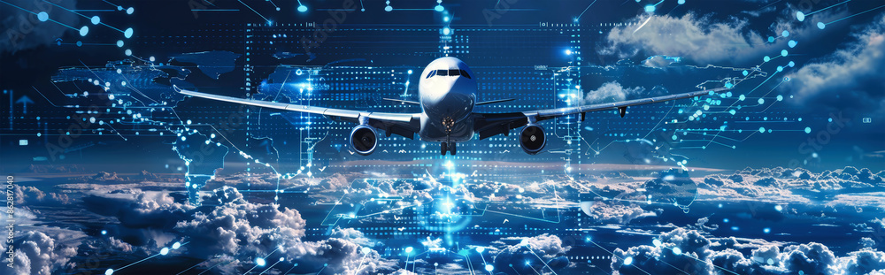 A futuristic plane flies through the clouds, with digital lines and data points surrounding it A futuristic plane flies through the clouds, with digital lines and data points surrounding it