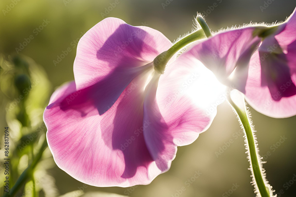 Naklejka premium Close-up of a delicate sweet pea backlit by warm sunlight, with green stems and buds creating a serene and natural atmosphere