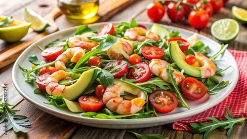 Fresh gourmet salad featuring succulent shrimp, juicy tomatoes, creamy avocado, and peppery arugula on a white platter with olive oil accompaniment.