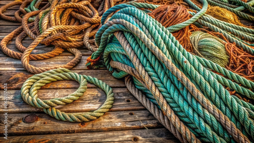 Weathered ropes and worn fishing net entwined on a weathered wooden dock, evoking a sense of rustic maritime nostalgia. Weathered ropes and worn fishing net entwined on a weathered wooden dock, evoking a sense of rustic maritime nostalgia.