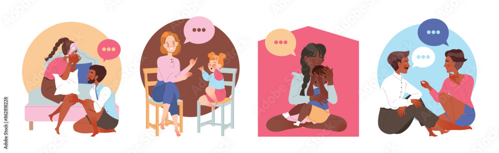 Parents Comforting Child Supporting and Talking of Problem Vector Set Parents Comforting Child Supporting and Talking of Problem Vector Set
