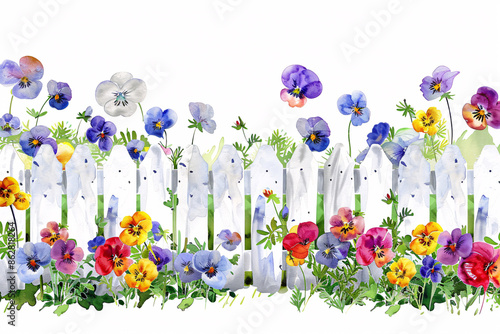 a white picket fence with colorful flowers photo