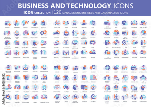 Business, data analysis, organization management and technology icon set. Teamwork, strategy, planning, marketing, cloud technology, data analysis, employee icon set. Icons vector collection 