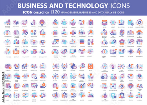Business, data analysis, organization management and technology icon set. Teamwork, strategy, planning, marketing, cloud technology, data analysis, employee icon set. Icons vector collection	