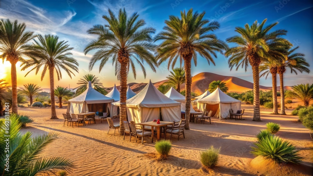 Fototapeta premium Serene desert oasis with row of tents, palm trees, chairs, and dining table under cloudless blue sky exuding peaceful tranquility.