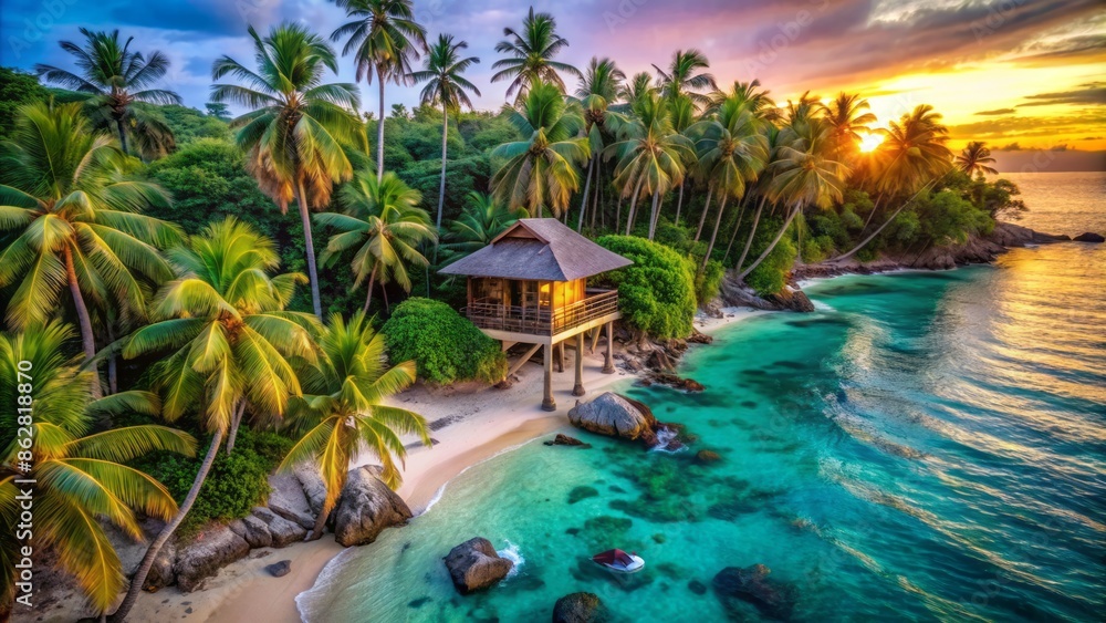 Fototapeta premium Serenely lit palm trees tower above a secluded beachside cabin surrounded by vibrant greenery and turquoise ocean waters.