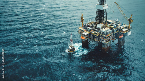 An aerial view of an offshore oil and gas production platform at sea, with a smaller rig in the foreground photo