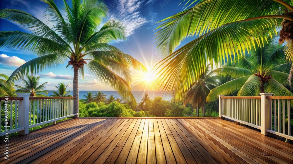 Fototapeta premium Vibrant summer ambiance on a wooden balcony patio deck with sunlight, coconut tree panorama, and a house interior mockup background.