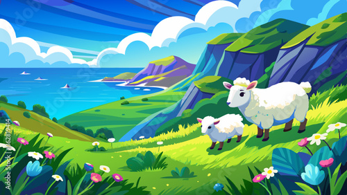 Two white sheep grazing on a grassy hill with a blue ocean in the background