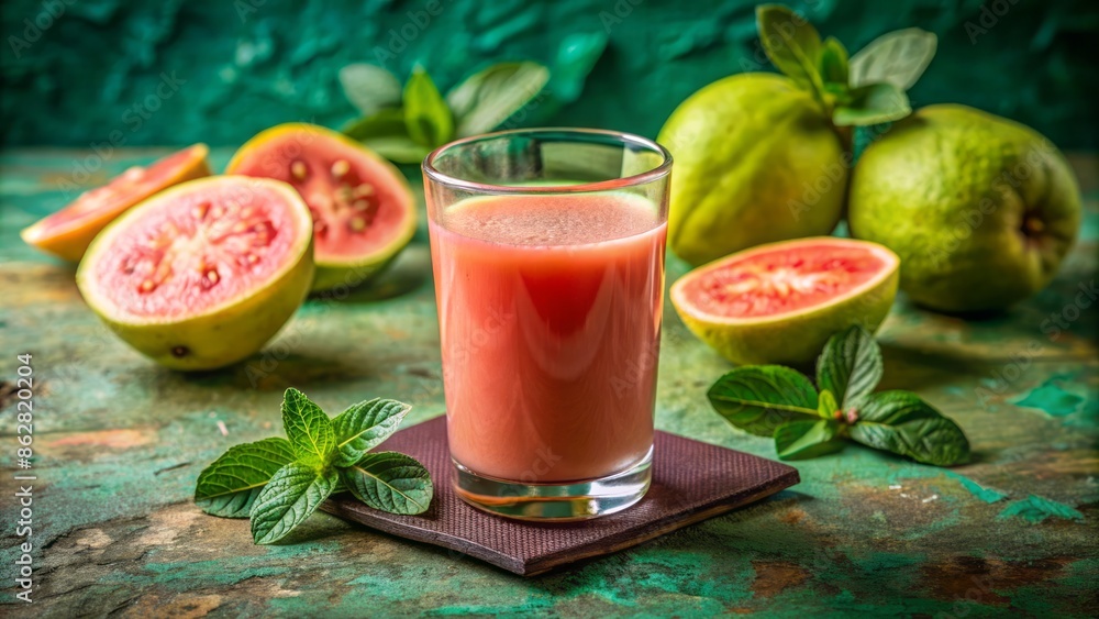 Fresh vibrant guava juice in a transparent glass with sliced guava and mint leaves on a textured green background. Fresh vibrant guava juice in a transparent glass with sliced guava and mint leaves on a textured green background.