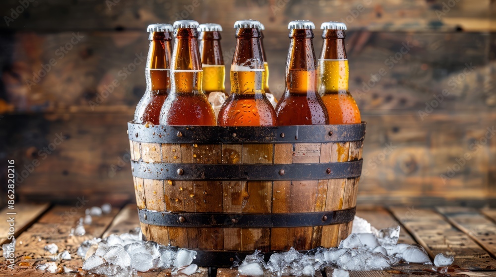 Beer bottles in an ice-filled barrel on a wooden surface Beer bottles in an ice-filled barrel on a wooden surface