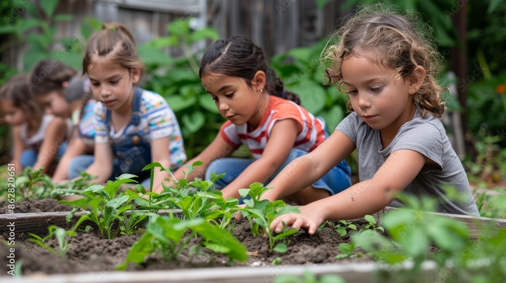 Children planting vegetables in a community garden Children planting vegetables in a community garden