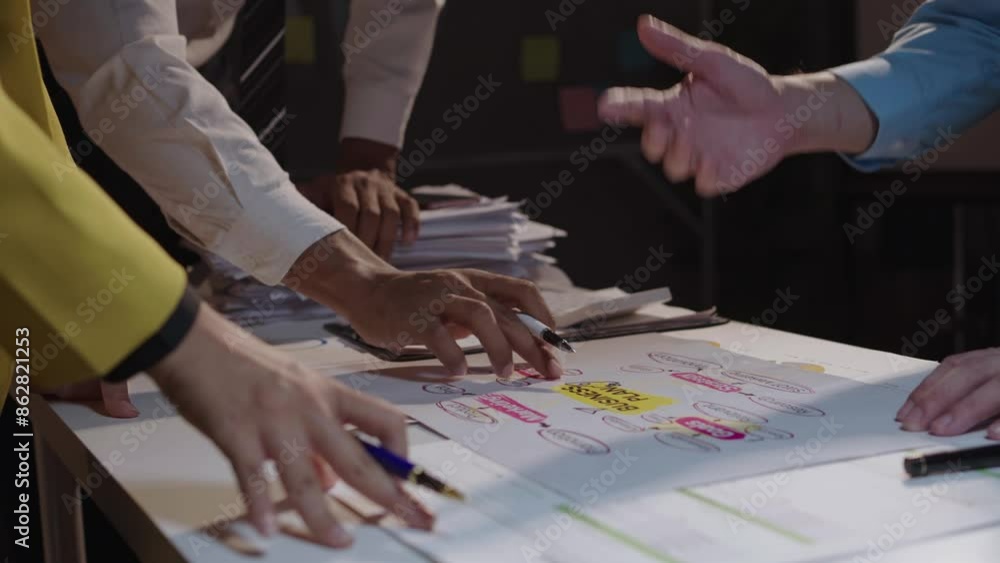Business professionals collaborate on a project, pointing and gesturing at documents and diagrams on a desk in an office setting Business professionals collaborate on a project, pointing and gesturing at documents and diagrams on a desk in an office setting