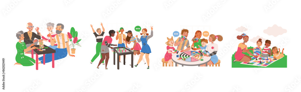 Family with Kids Playing Board Game Gathered Together Having Fun on Weekend Vector Illustration Set Family with Kids Playing Board Game Gathered Together Having Fun on Weekend Vector Illustration Set