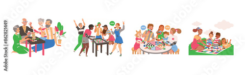 Family with Kids Playing Board Game Gathered Together Having Fun on Weekend Vector Illustration Set