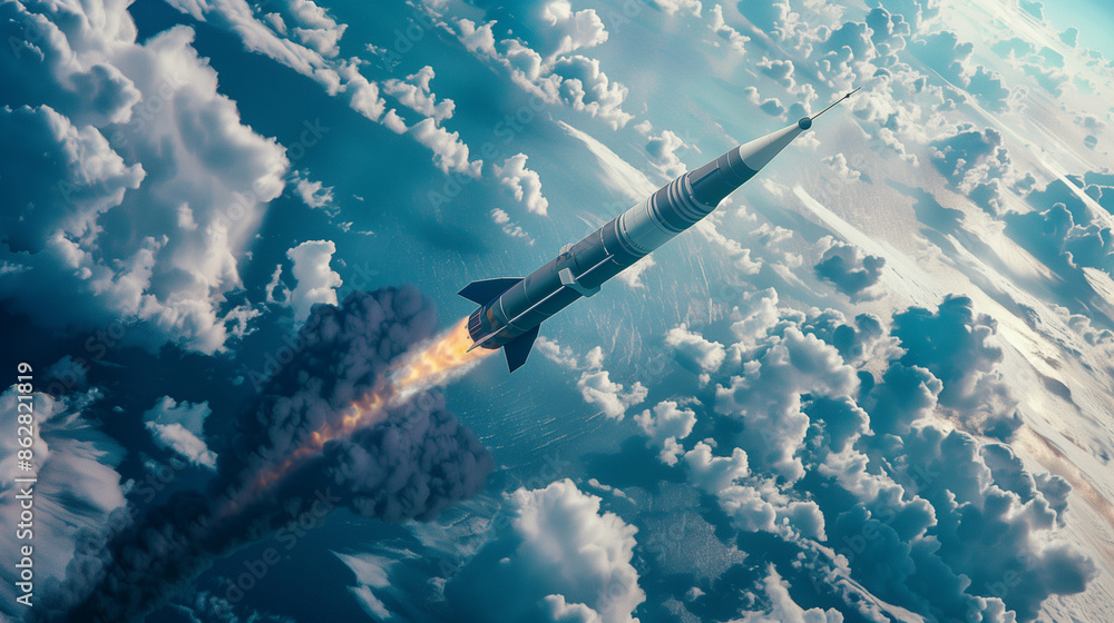 Nuclear rocket flying over clouds in the sky with a black puff of smoke behind it Nuclear rocket flying over clouds in the sky with a black puff of smoke behind it