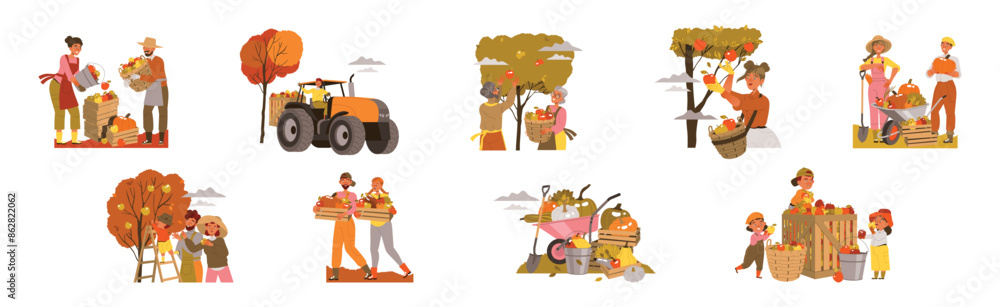 Obraz premium Harvesting People Character Gather Crop and Farm Product Vector Illustration Set
