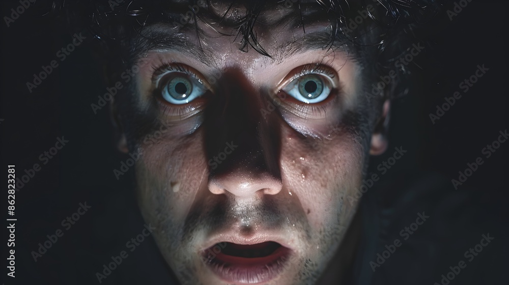 Portrait of Man with Panic Disorder Experiencing Intense Emotions in Low Light Portrait of Man with Panic Disorder Experiencing Intense Emotions in Low Light