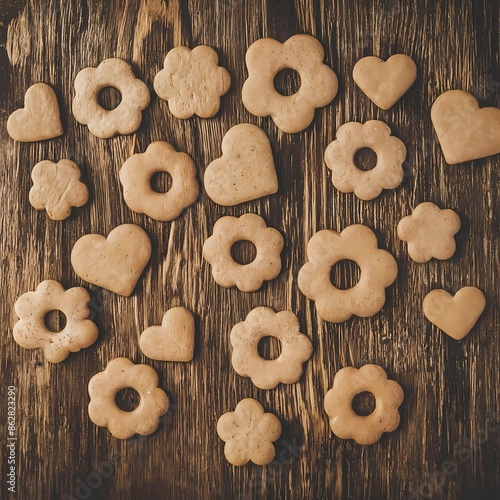 Gingersnaps in heart, flower, rounds shapes. photo