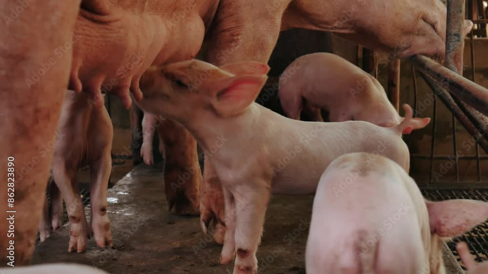 Suckling piglets suckling a sow farm, Small piglet drinking milk from breast pig in the farm Suckling piglets suckling a sow farm, Small piglet drinking milk from breast pig in the farm