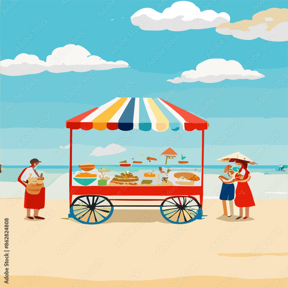 Fototapeta premium Local Market. Stand with Vegetables- Carrot, Tomato, Pepper, Pumpkin, Asparagus. Flat Design Style.