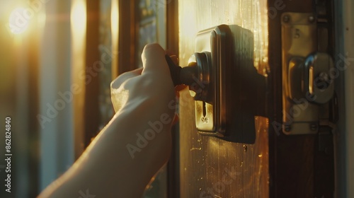 Tense Close-up of Person with OCD Repeatedly Checking Door Lock in Bright Light