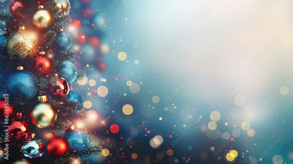 Festive banner with Christmas tree adorned in blue red and gold balls on blurred background featuring bokeh effect Space for text included Festive banner with Christmas tree adorned in blue red and gold balls on blurred background featuring bokeh effect Space for text included