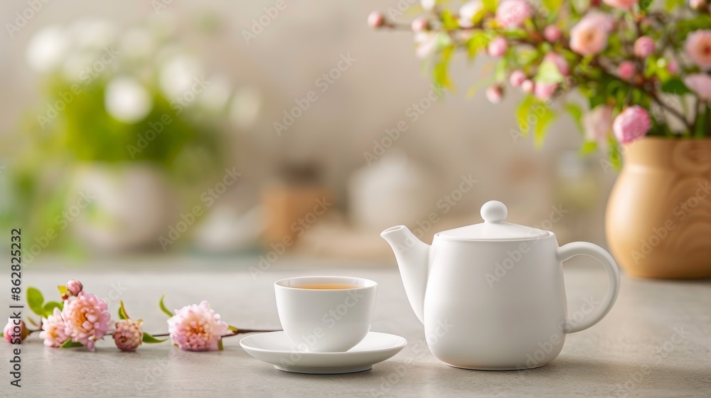white teapot and cup on a table with blooming flowers in the background - relaxing tea time concept. white teapot and cup on a table with blooming flowers in the background - relaxing tea time concept.