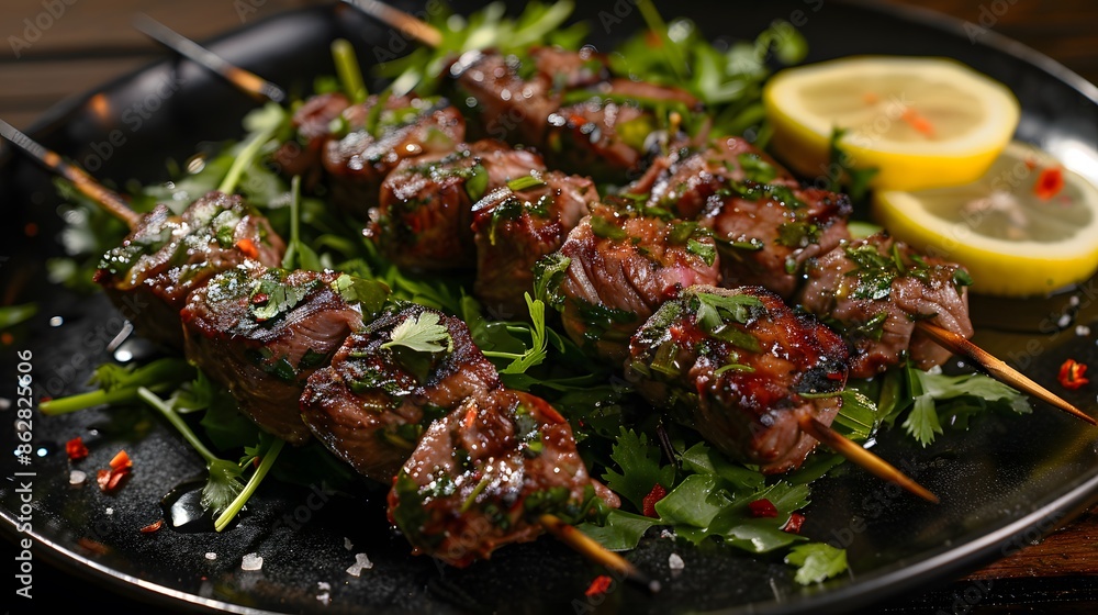 Skewers of boneless beef meat grilled by traditional recipe served with lemon and vibrant greens, fresh cilantro Skewers of boneless beef meat grilled by traditional recipe served with lemon and vibrant greens, fresh cilantro