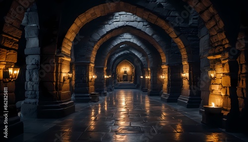 Dark dungeon tunnel of a medieval castle, dark underground corridor in the dungeon. Generative AI, Generative, AI
