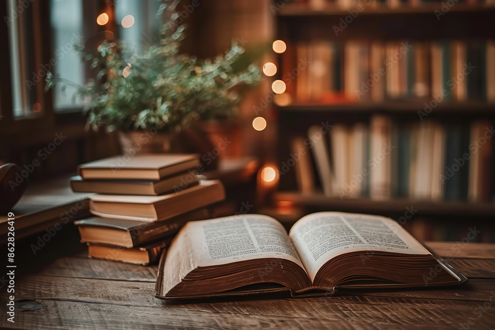 Old books in the library with opened book on the front. Magic calm atmosphere for Book Lovers Day, every year on August 9 Old books in the library with opened book on the front. Magic calm atmosphere for Book Lovers Day, every year on August 9