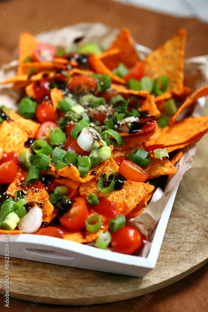 Nacho chips with green onions and spices. Nacho chips with green onions and spices.