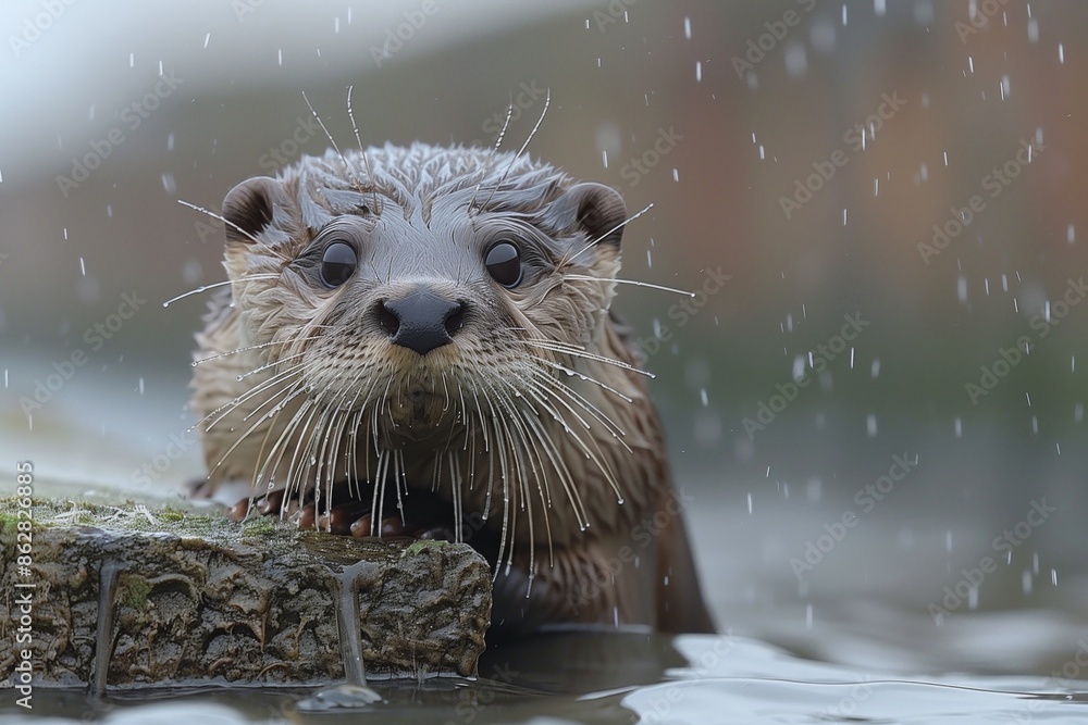 A Wet River Otter Looking Up In The Rain A Wet River Otter Looking Up In The Rain