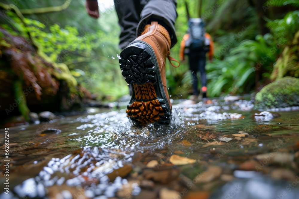 Hikers navigating a forest stream, boots wading through clear water Hikers navigating a forest stream, boots wading through clear water