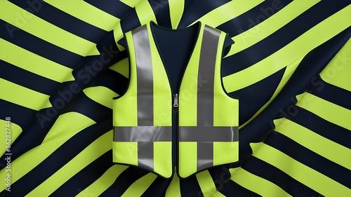 This 3D vector mockup of personal protection equipment shows a safety vest with reflective stripes, a zipper and neon green colour for workers, security and traffic. photo