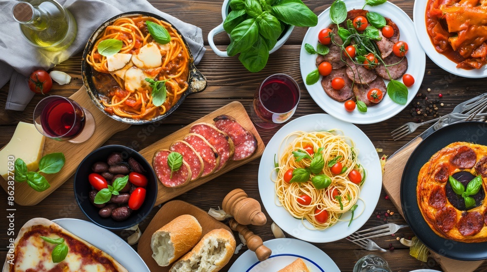 This image shows a table full of delicious Italian food. Theres pizza, pasta, bread, and more, all arranged in a beautiful and appetizing manner. This image shows a table full of delicious Italian food. Theres pizza, pasta, bread, and more, all arranged in a beautiful and appetizing manner.