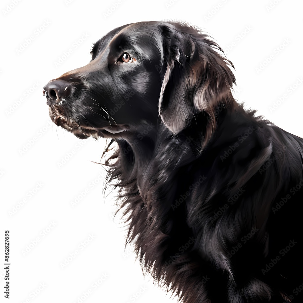 Flat coated retriever dog breed standing against white background, AI Generated Flat coated retriever dog breed standing against white background, AI Generated