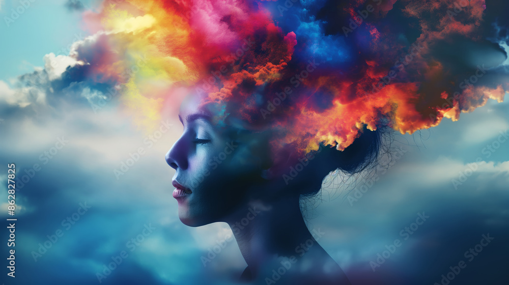 A woman's face is sahown with a colorful explosion of hair and a blue sky in the background. Concept of creativity and imagination A woman's face is sahown with a colorful explosion of hair and a blue sky in the background. Concept of creativity and imagination