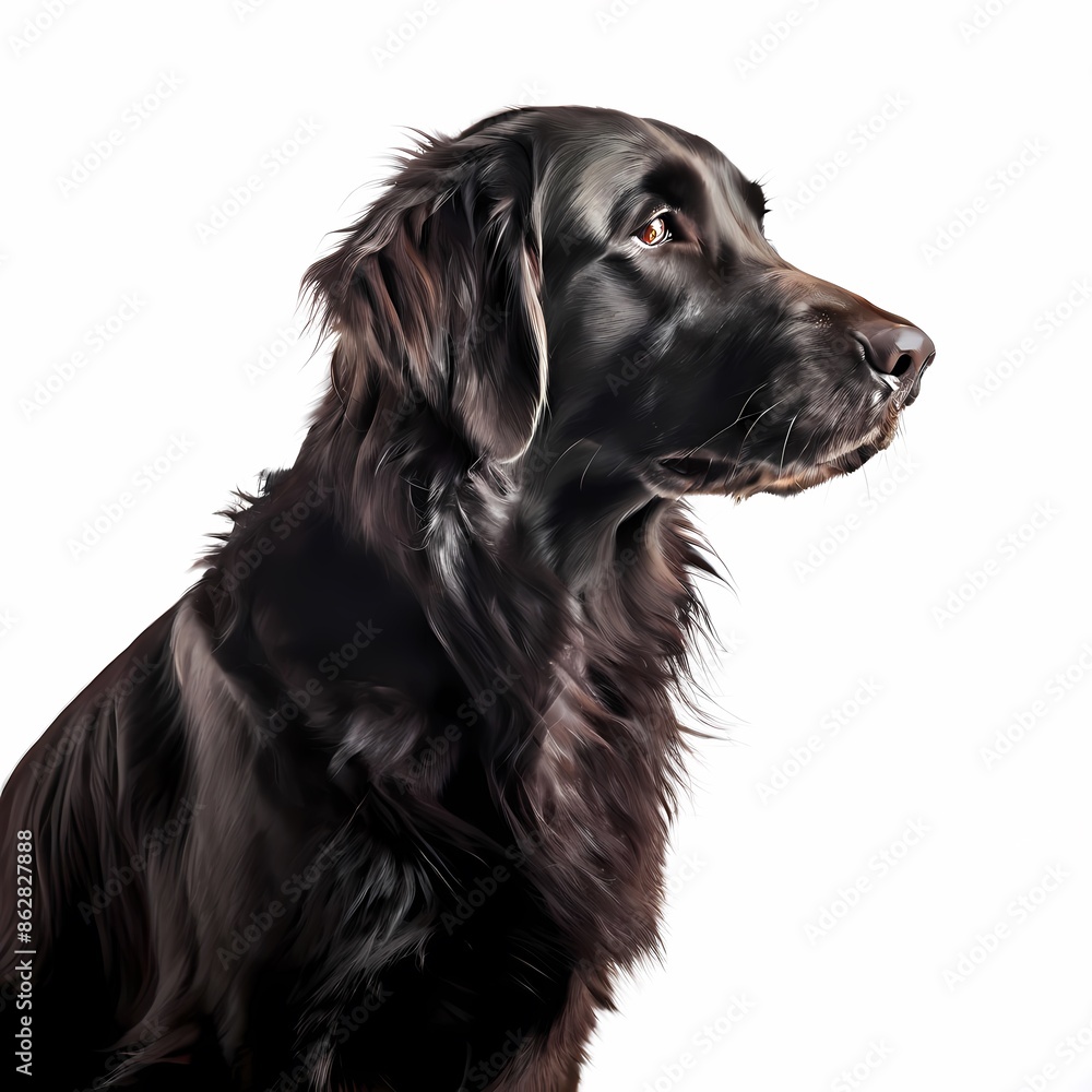 Flat coated retriever dog breed standing against white background, AI Generated Flat coated retriever dog breed standing against white background, AI Generated