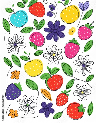 Wallpaper Mural Cheerful and natural design with a whimsical pattern featuring colorful fruits and flowers blooming in a garden Torontodigital.ca