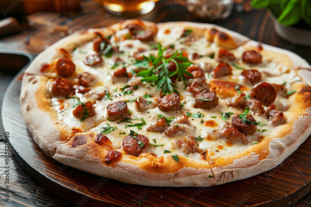 a classic italian pizza on a thin crust with toppings like pepperoni ...