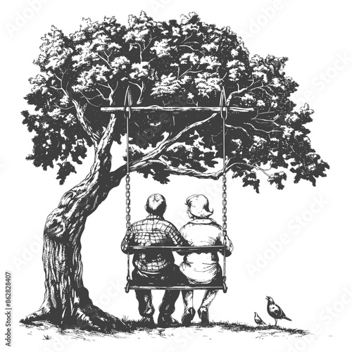 Elderly Couple on Swing, Shaded by Oak, Hand-Drawn Illustration, Birds at Feet, Nostalgic Scene