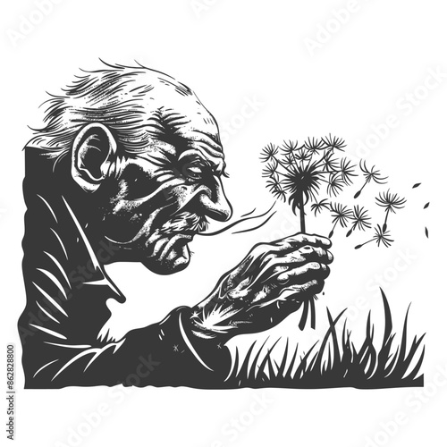 Etched Elder: Man Breathes on Dandelion Seeds, Sending Wishes Aloft in Monochrome Illustration.