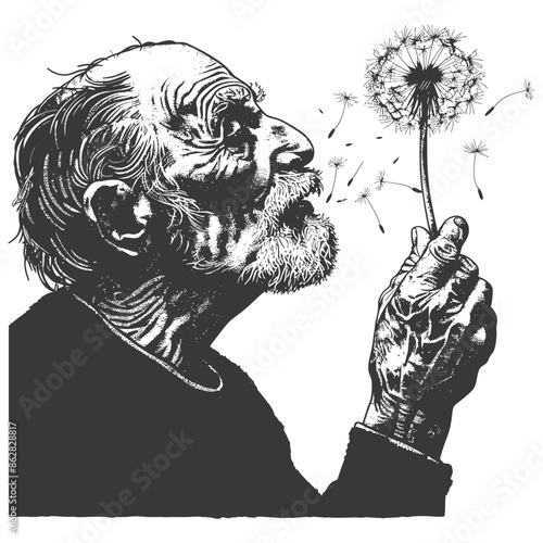 Etched Elder: Blowing Dandelion Seeds, Whispers of Time, Ink Drawing.