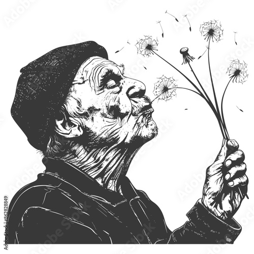 Elderly Woman's Wish: Textured Illustration of Blowing Dandelions, Seeds in Air.