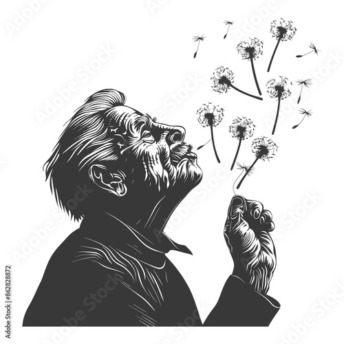 Elderly Man Blowing Dandelion Seeds, Engraved Nostalgia, Black and White Wish.