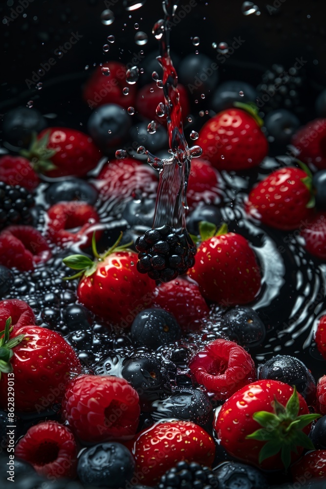 Fresh Berries and Water Droplets in a Black Bowl Fresh Berries and Water Droplets in a Black Bowl