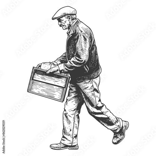 Elderly Man Carrying Wooden Box, Engraving Style, Labor, Old Age, Worker, Illustration.