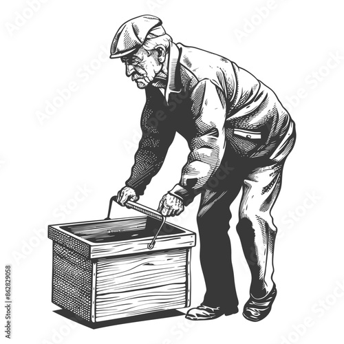 Woodcut Elder: Man Bending Over Wooden Tub with Metal Tool, Engraved Style.